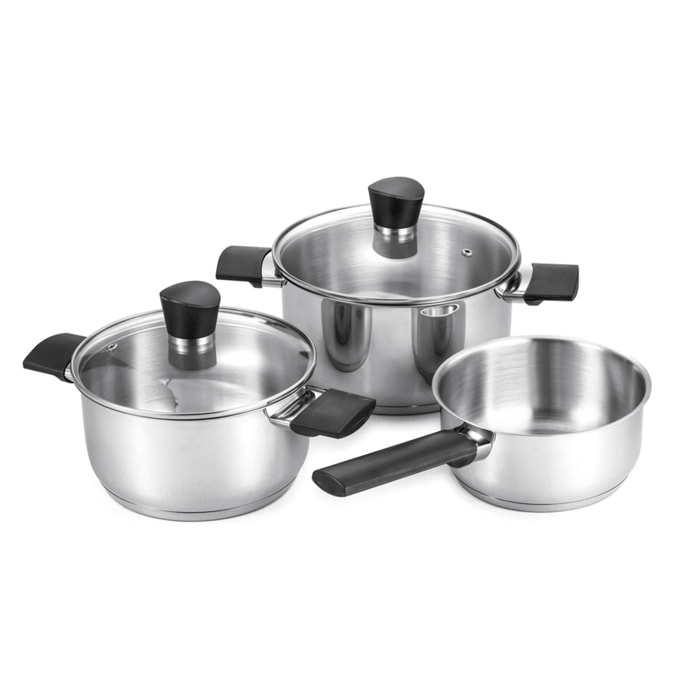 Set de cocina de acero con 5 piezas. 2 ollas, 2 tapas y 1 cazo.