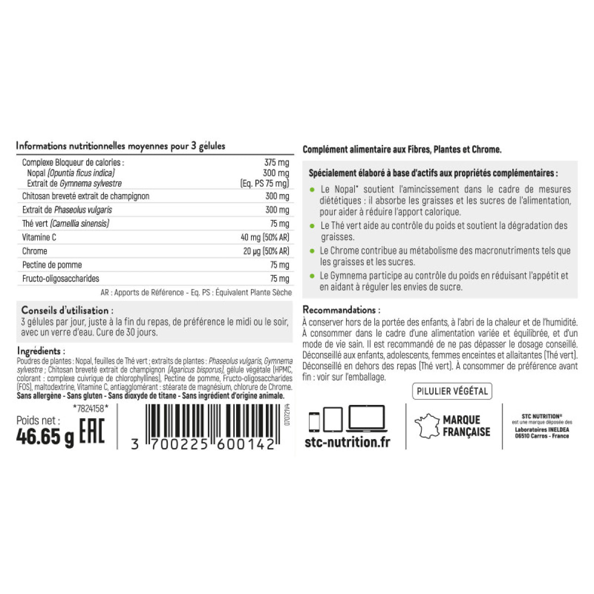 Fat & Sugar Limit - Complément alimentaire à base de Nopal, Thé vert, Gymnema & Chitosan - Bloque les sucres et graisses - Favorise la satiété - Vegan - Lot de 2