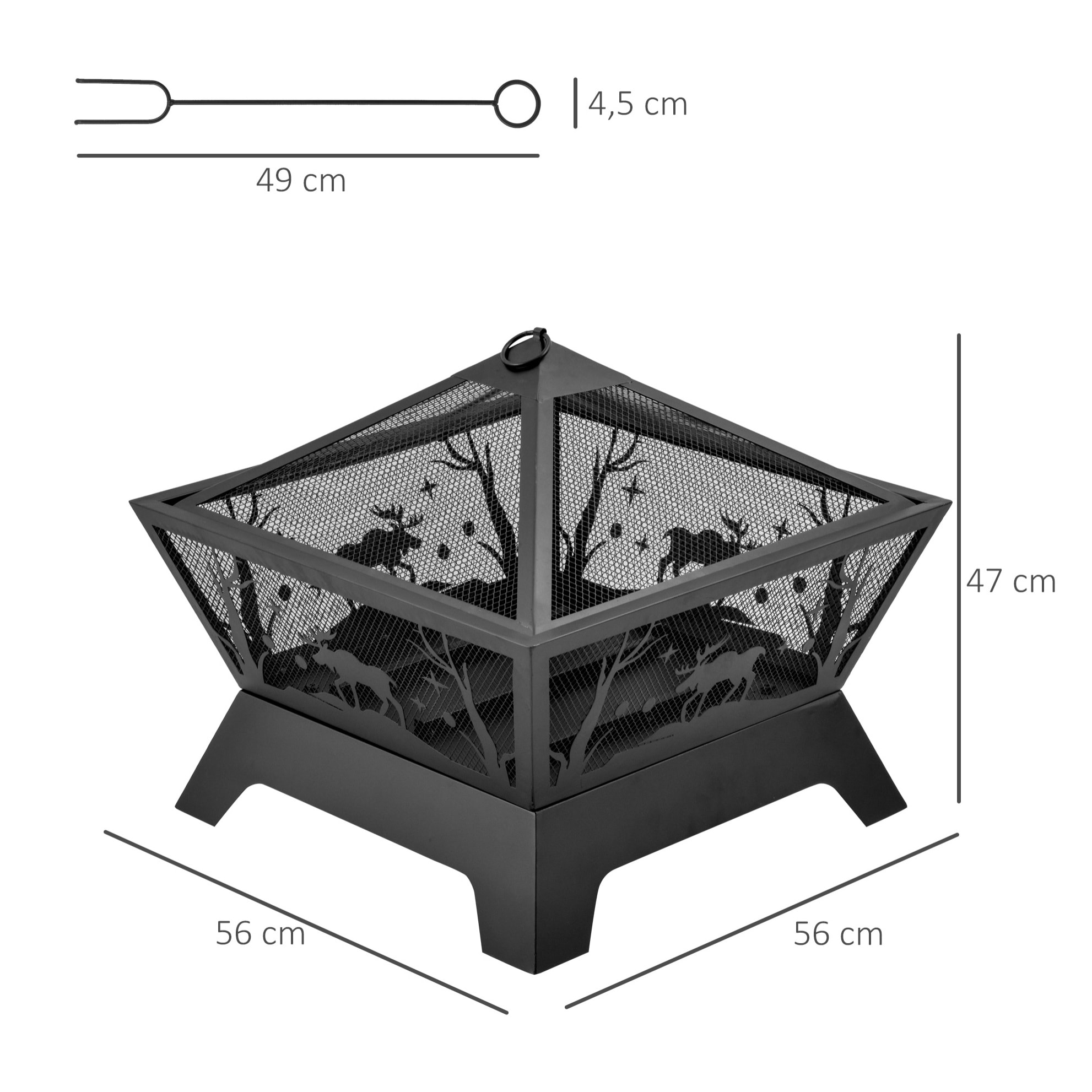 Brasero cheminée foyer extérieur dim. 56L x 56l x 47H cm tisonnier métal noir