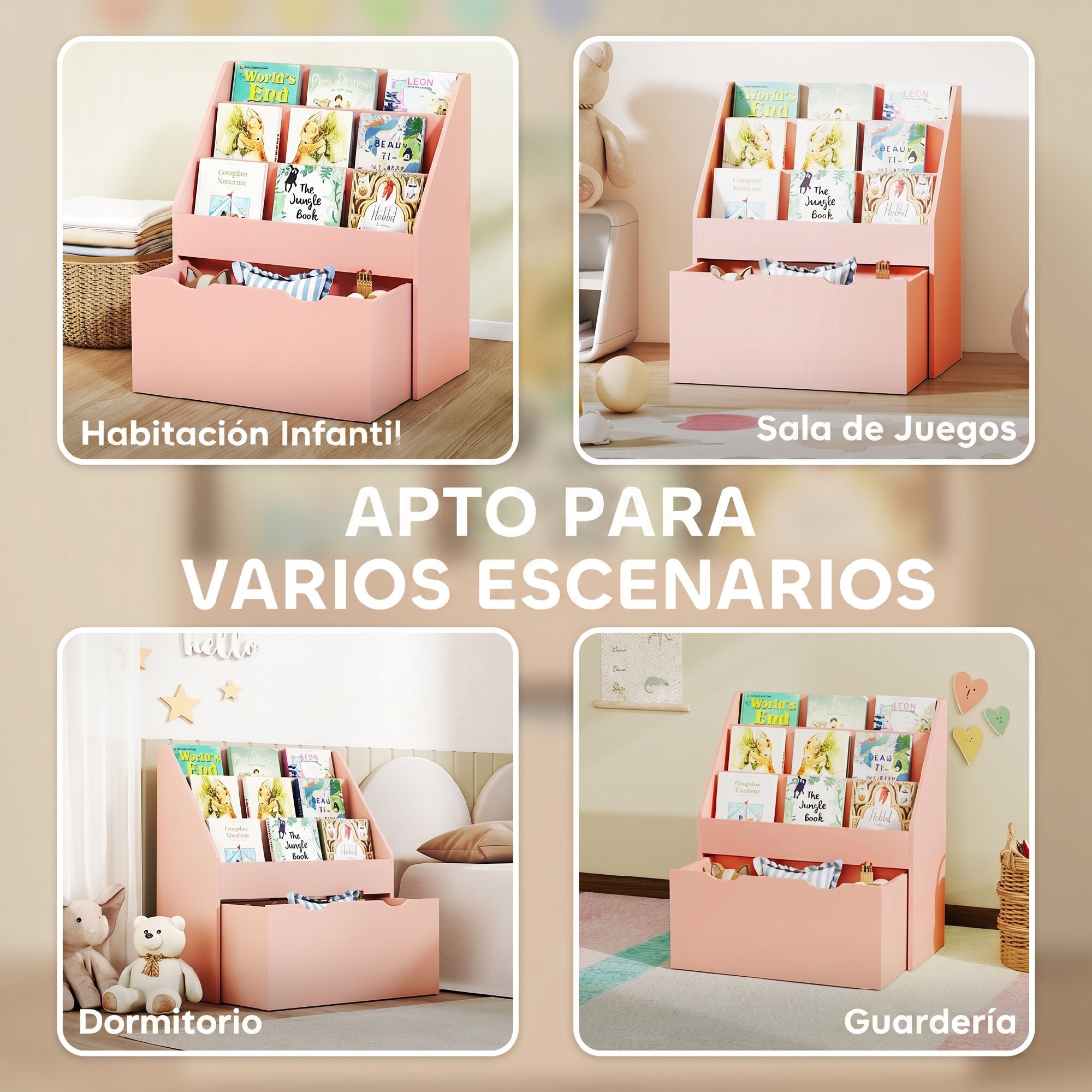 Estantería de Juguetes con 3 Compartimentos, Librería Infantil, Caja de Juguetes Móvil, Cajón con Ruedas, Multifuncioanl, para Dormitorio, Guardería, Sala de Juegos, Rosa