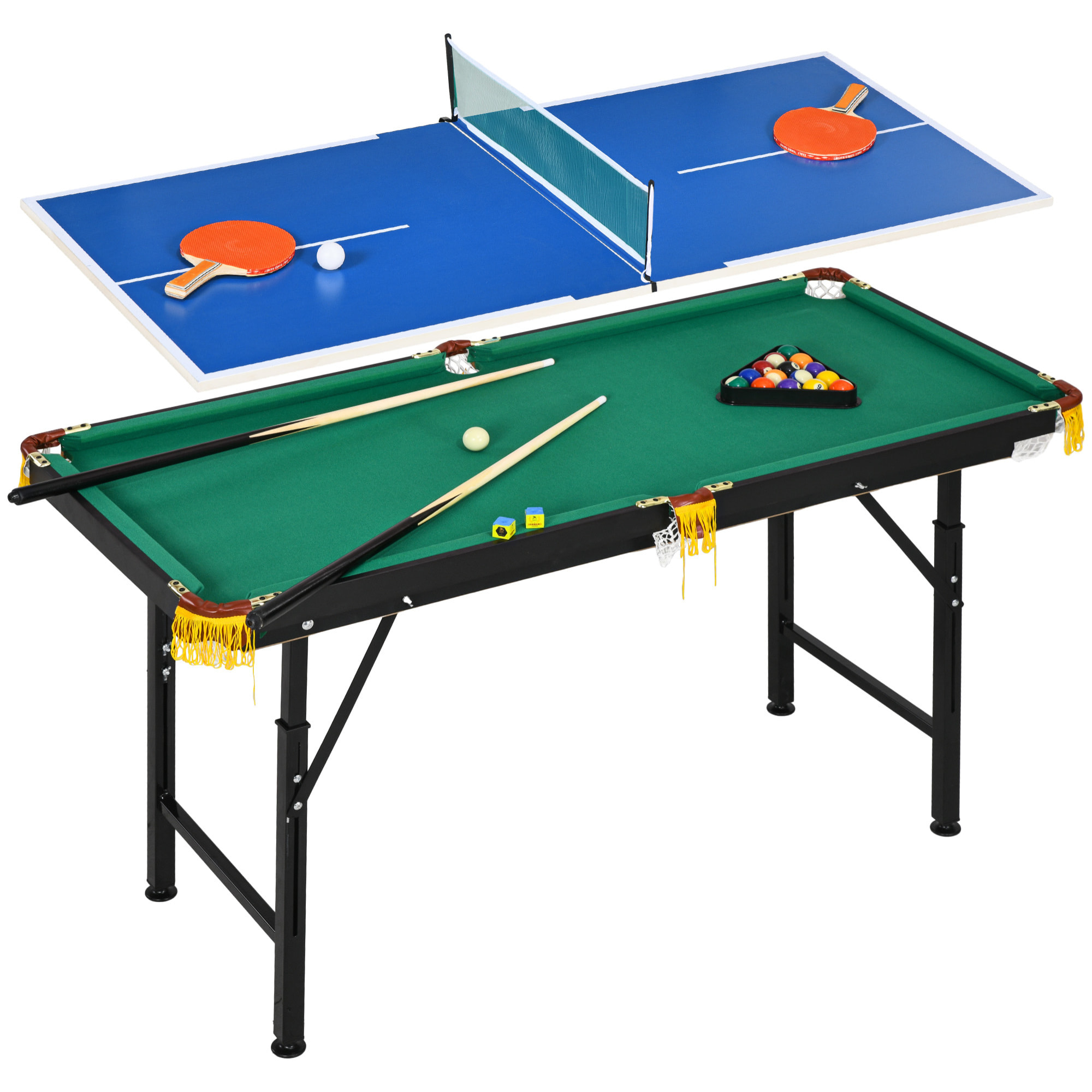 2 en 1 Mesa Multijuegos para Niños de 6+ Años Mesa de Billar Ping Pong Plegable con Altura Ajustable 140x63x60-80 cm Multicolor