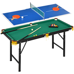 2 en 1 Mesa Multijuegos para Niños de 6+ Años Mesa de Billar Ping Pong Plegable con Altura Ajustable 140x63x60-80 cm Multicolor