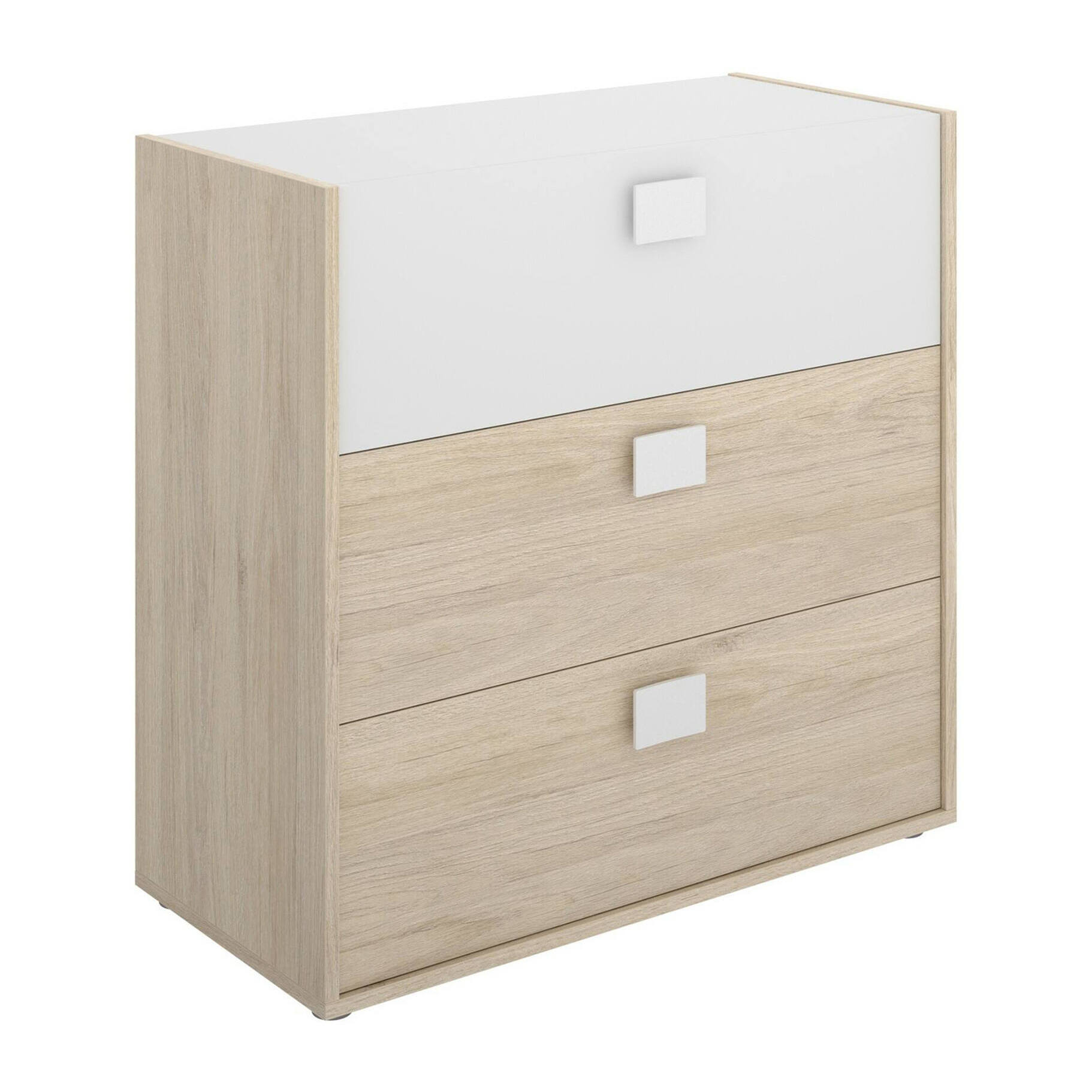 Cassettiera Sella, Settimanale per camera da letto, Comò con 3 cassetti, 80x43h81 cm, Rovere e Bianco