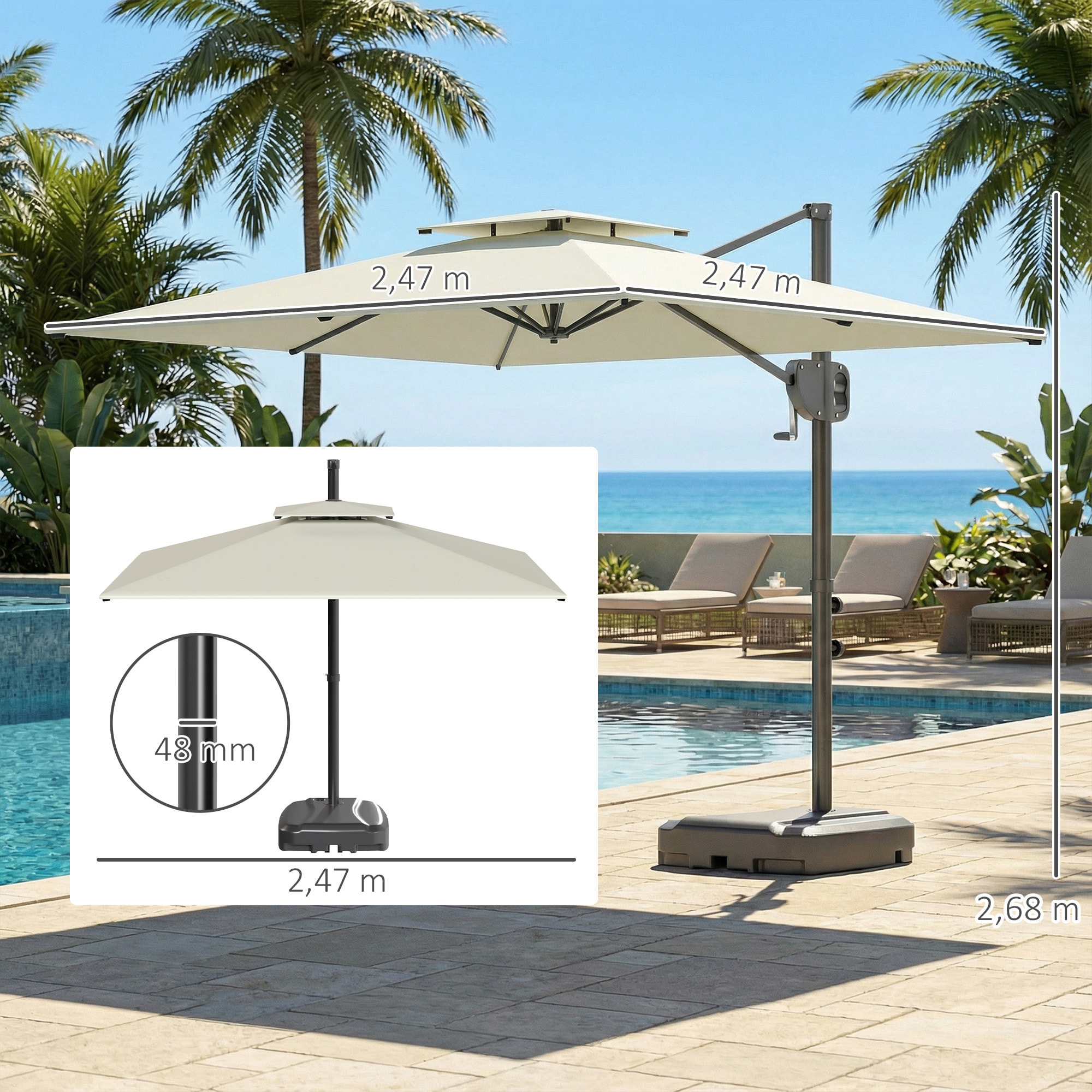 Parasol déporté carré 2,5 x 2,5 m avec base de lestage - inclinaison réglable - métal époxy tissu crème