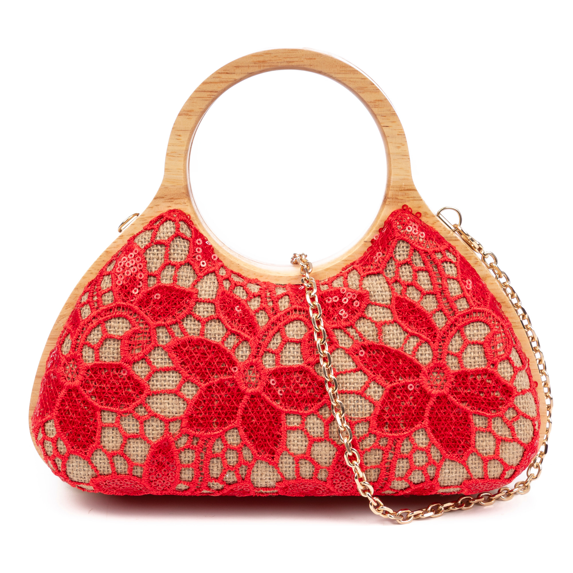 Avisio bolso de mano fabricado en madera natural, algodón y jute con diseño malla de tejido floral