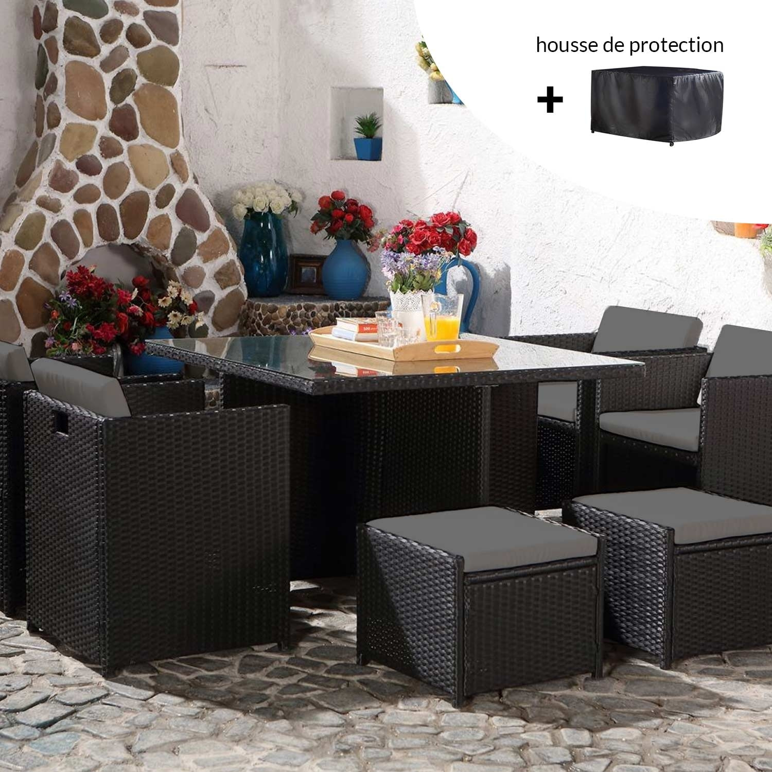 Salon de jardin 8 places noir-gris + housse de protection REGINA