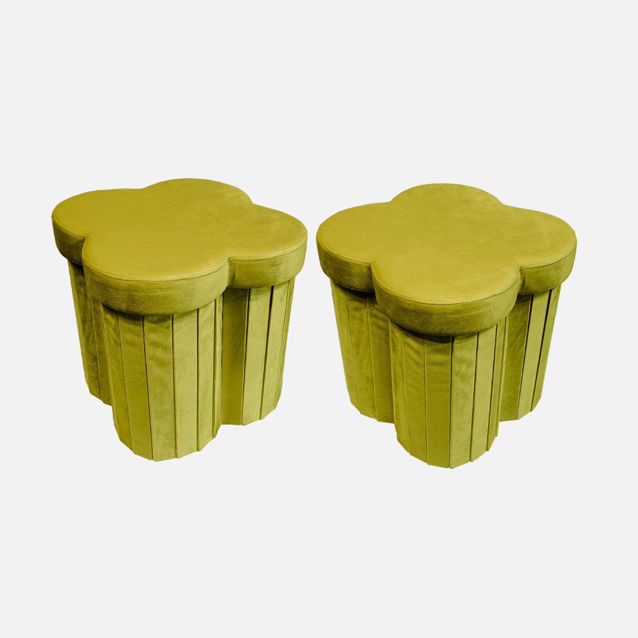 Lot de 2 tabourets-coffre pliables pour enfant avec assise en velours vert et en forme de fleur