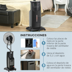 Ventilador de Pie Oscilante con Nebulizador 90W con Control Remoto 5 Aspas Tanque de Agua 3,1 L 3 Velocidades Temporizador y Ruedas 44,5x44,5x135 cm Negro