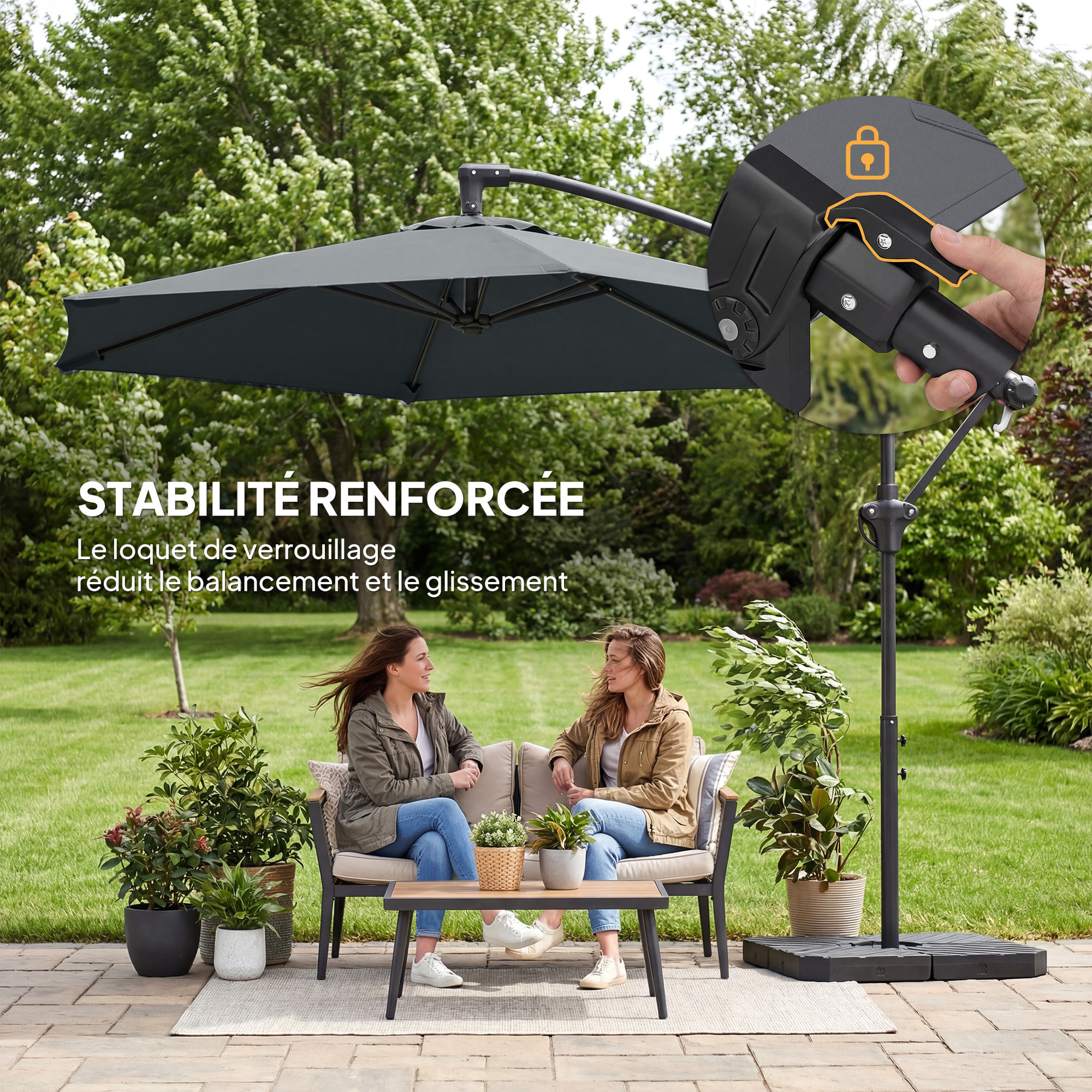 Parasol déporté 3 m avec pied en croix et dalles lestage, parasol de jardin extérieur avec manivelle et loquet de verrouillage, toile polyester 180 g/m², protection UV 30+, gris foncé