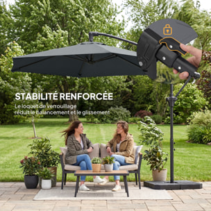 Parasol déporté 3 m avec pied en croix et dalles lestage, parasol de jardin extérieur avec manivelle et loquet de verrouillage, toile polyester 180 g/m², protection UV 30+, gris foncé