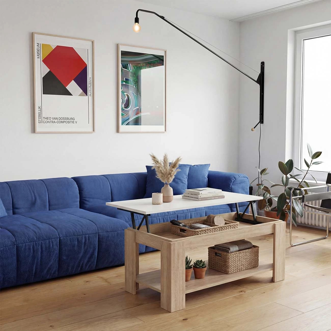 Mesa de centro elevable con almacenaje en roble canadian y blanco artik 102x43-54 cm Lya Roble Canadian - Blanco Artik (Blanco Mate)