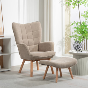 Fauteuil à oreilles et son repose-pieds piètement bois velours côtelé dossier effet capitonné marron clair