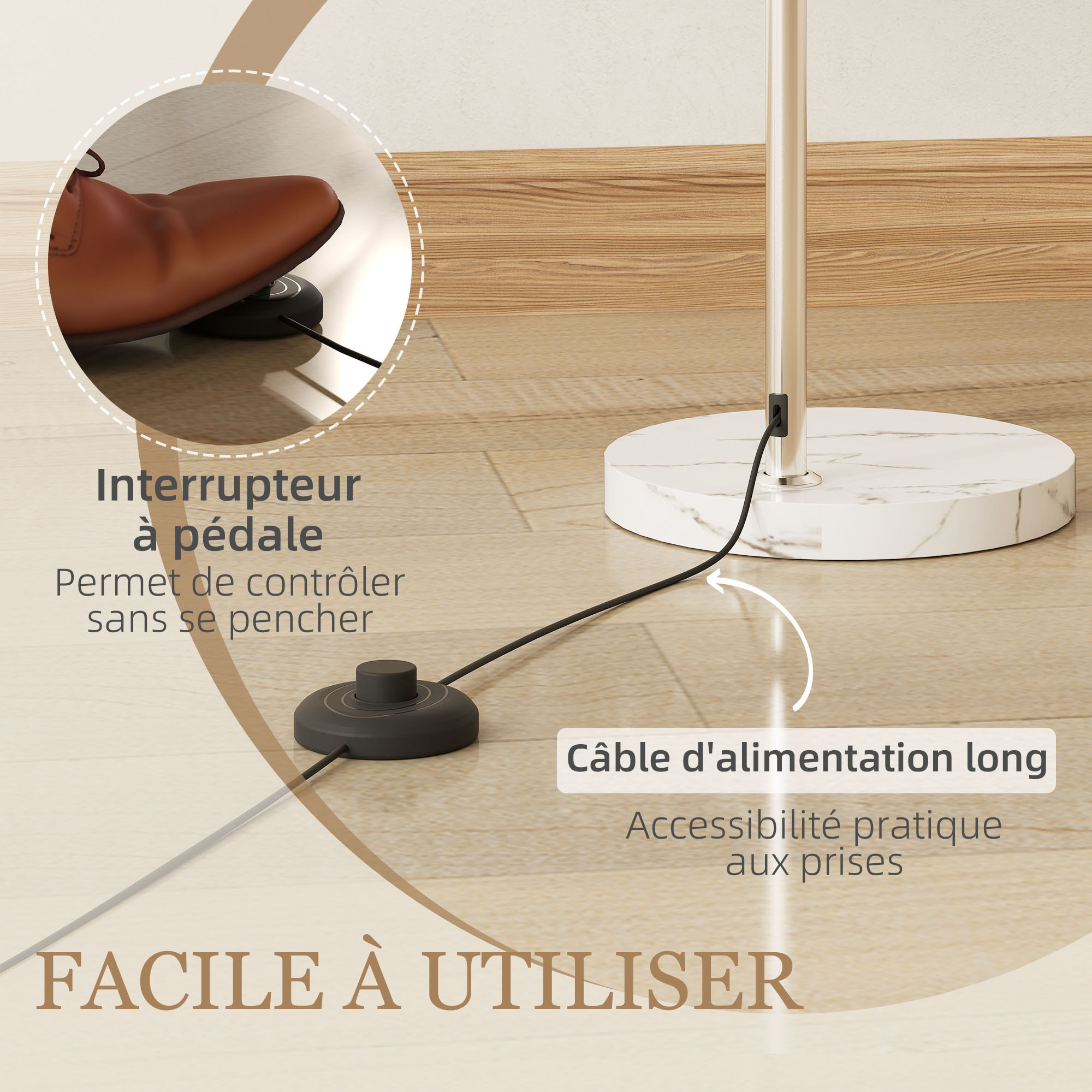 Lampadaire arc design néo-rétro H.180 cm piètement marbre blanc abat-jour plastique effet transparence orange