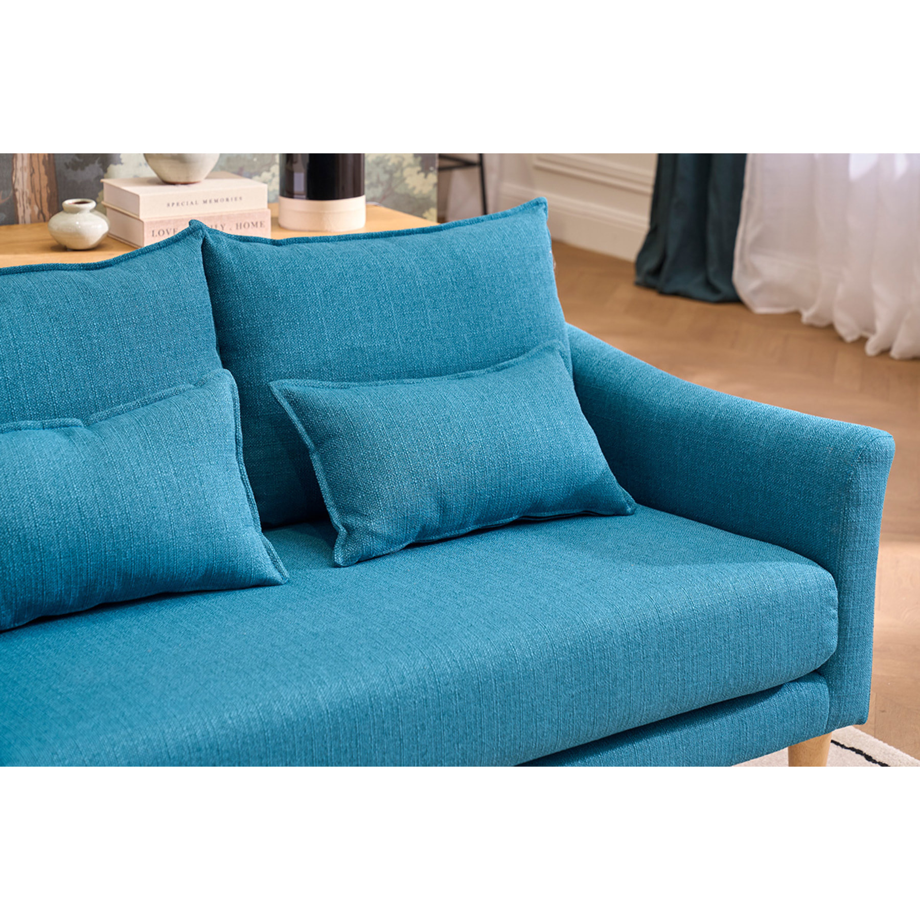 Canapé scandinave 2 places en tissu bleu canard et bois clair KATE