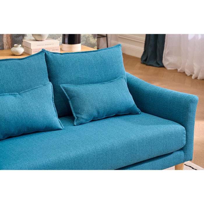 Canapé scandinave 2 places en tissu bleu canard et bois clair KATE