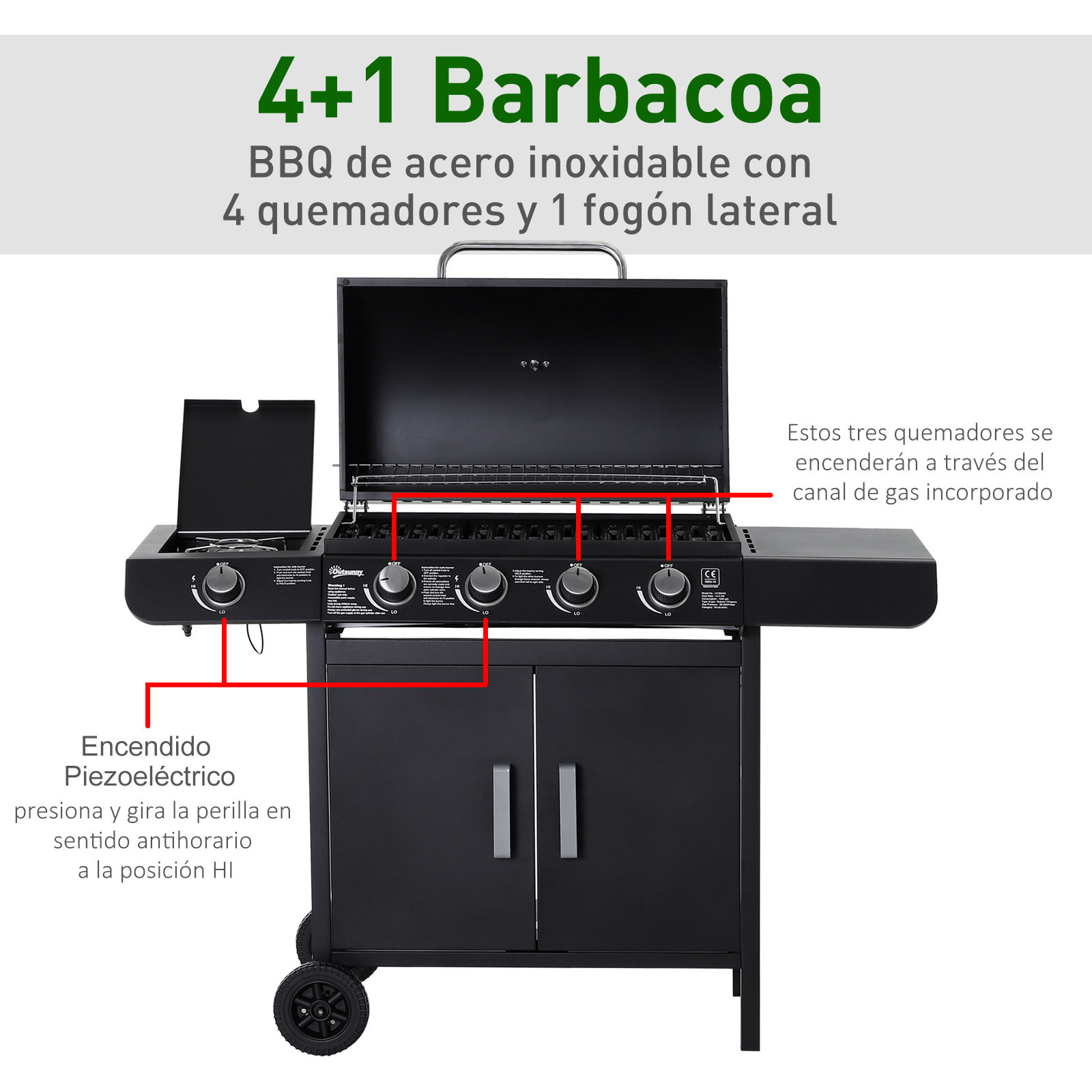 Barbacoa de Gas con Ruedas 4+1 Quemadores 14,4 KW Mesas Laterales 125x51x100 cm