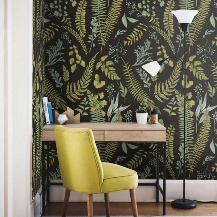 Carta da Parati Illustrazioni Botaniche Nera e Verde