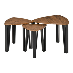 Ensemble de 3 tables basses gigognes encastrables style industriel piètements métal noir en épingle plateaux aspect bois de noyer