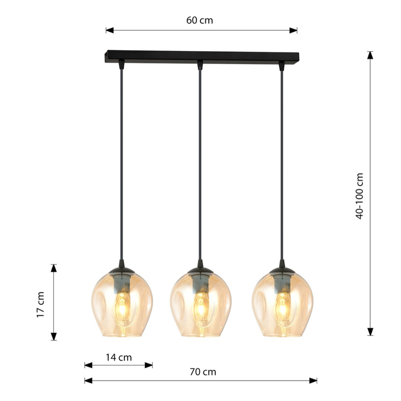 Lampada a sospensione Istar in acciaio nero e vetro ambra
