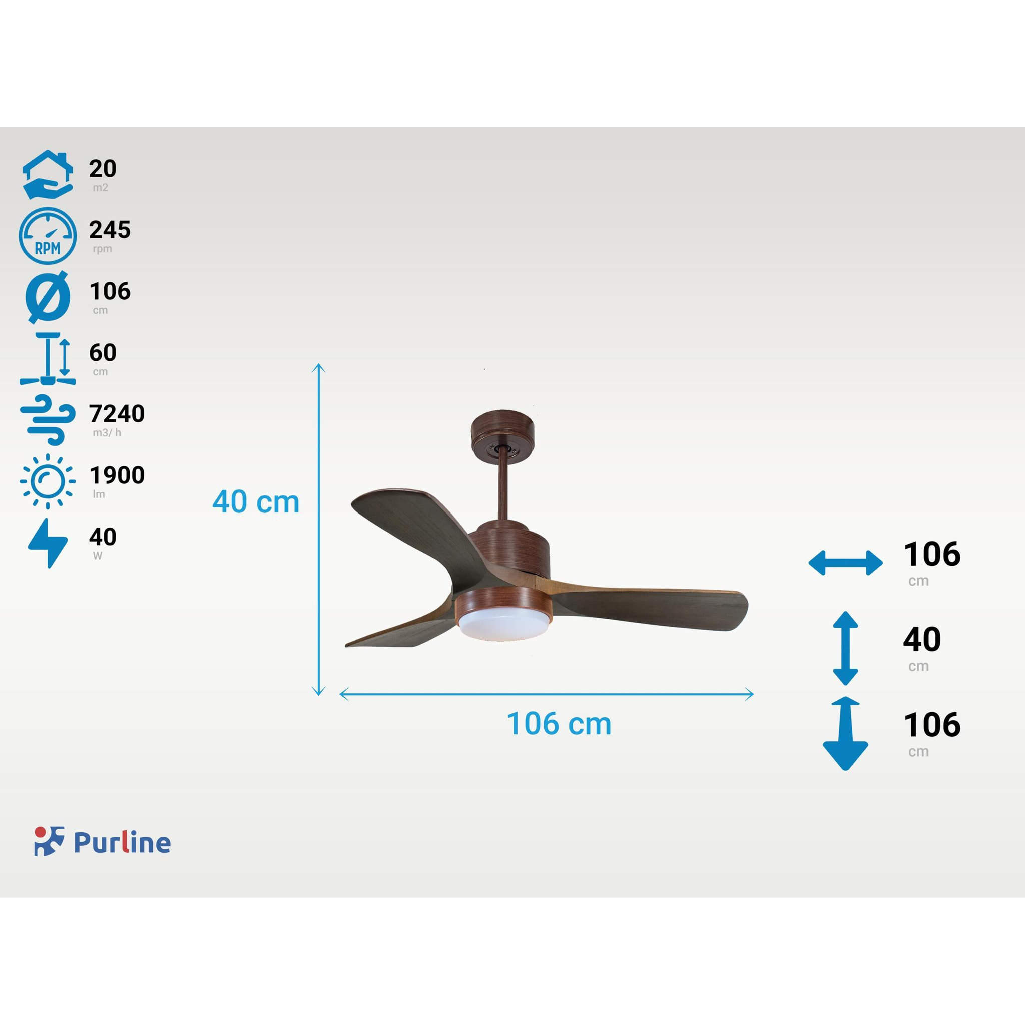 Ventilateur de Plafond ø106 cm avec Wifi Réversible Hypersilence pour 20 m² 40 W brun