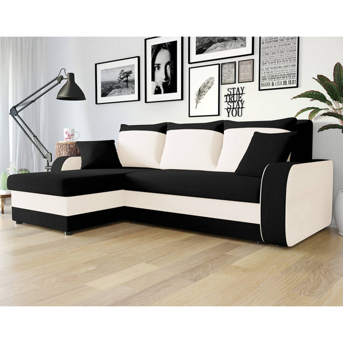 Valos - canapé d'angle réversible - 4 places - convertible avec coffre - en velours - Noir / Blanc