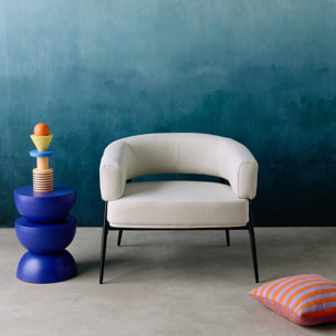 Fauteuil tissu blanc dossier incurvé piétement métal L 81.5 x P 72.5 x H 69 cm - Cristo