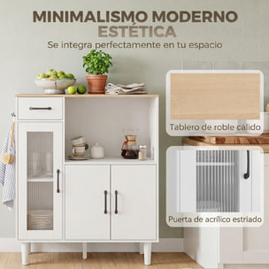 Aparador, Armario de Cocina Moderno con Puerta de Acrílico, Cajón, Estante Ajustable, Compartimento Abierto, Aparador para Cocina, Comedor, 80x34x91 cm, Blanco