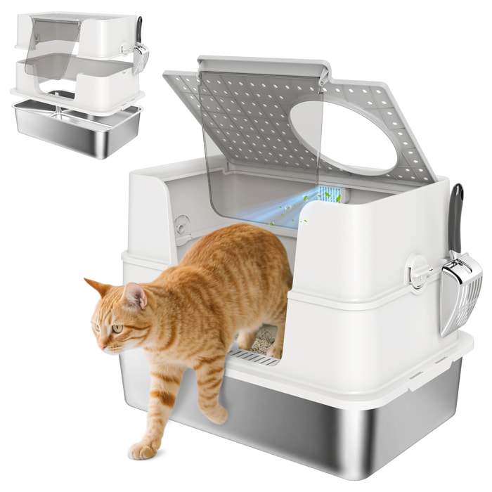 Arenero para Gatos de Acero Inoxidable XL Caja de Arena para Gatos Grandes Arenero con Tapa Abatible Laterales Altos Entrada Superior Pala sin Olores Fácil de Limpiar Antifugas Gris Claro