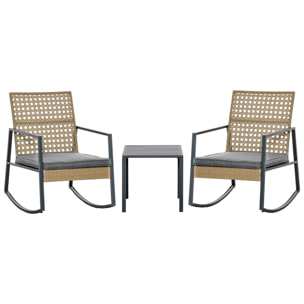 Ensemble de jardin 3 pièces style colonial 2 fauteuils à bascule avec coussins assise gris table basse métal époxy résine tressée beige