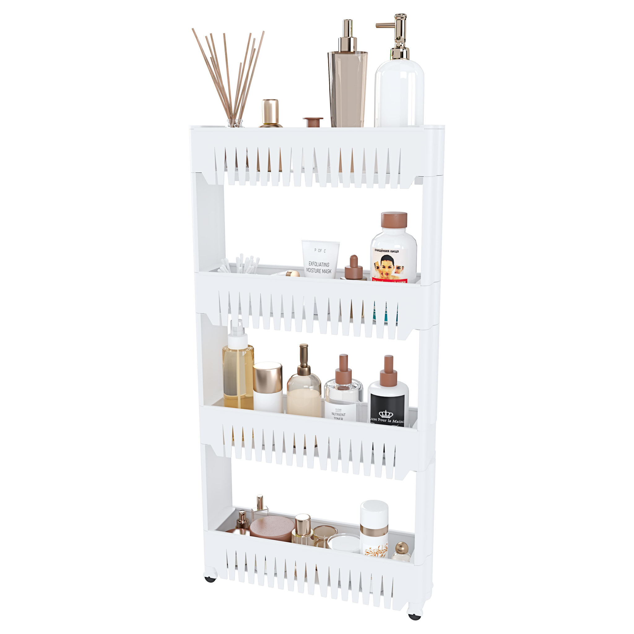 Carrello Da Cucina Salvaspazio Carrellino Portaoggetti Con Rotelle Ruote 4 Ripiani Dispensa Bagno Fino a 2.5 Kg Per Ripiano 103 x 12,5 x 54 cm Bianco
