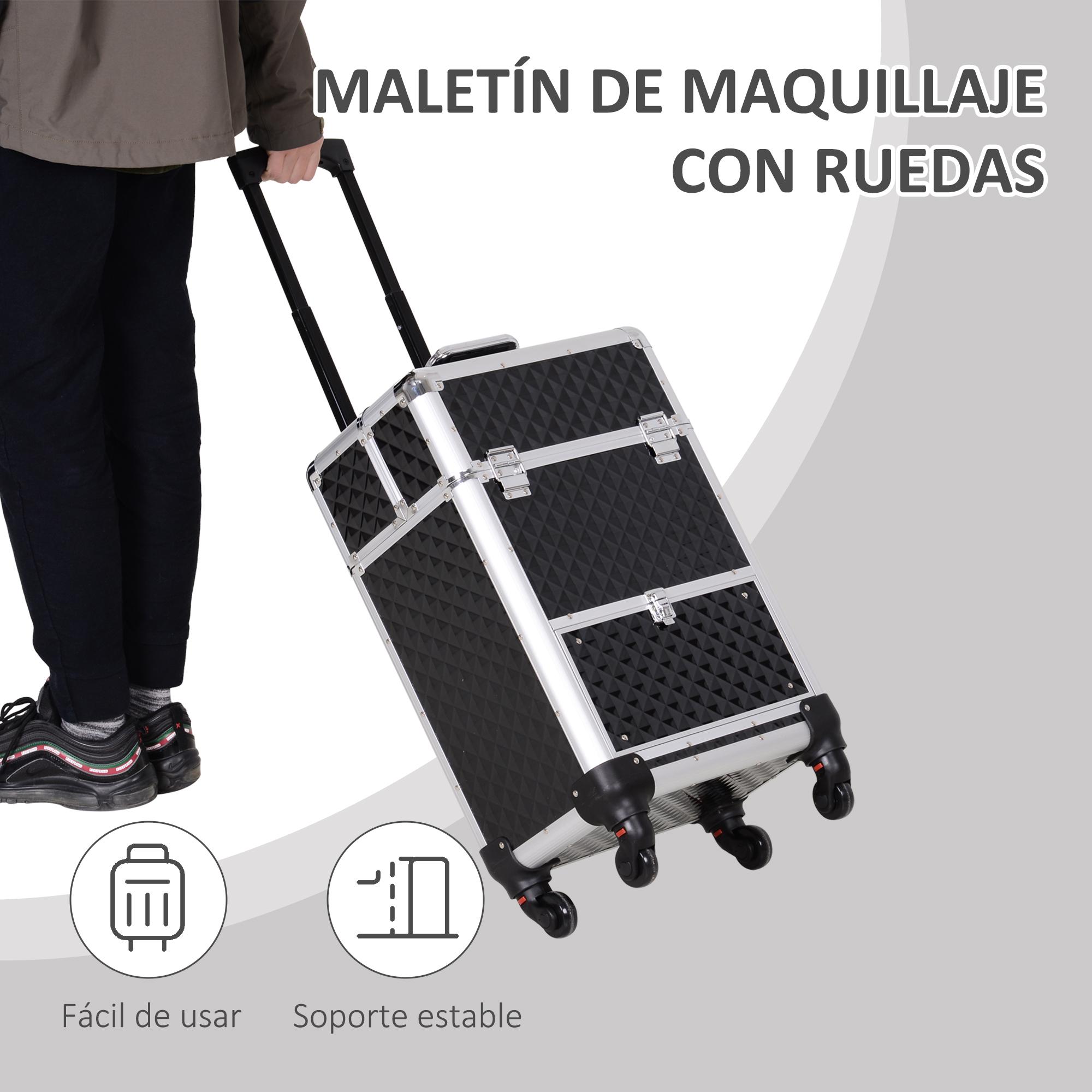 Maleta de Maquillaje Profesional con Cajón Maletín de Maquillaje con Ruedas para Viaje Trabajo 34x25x62 cm Negro