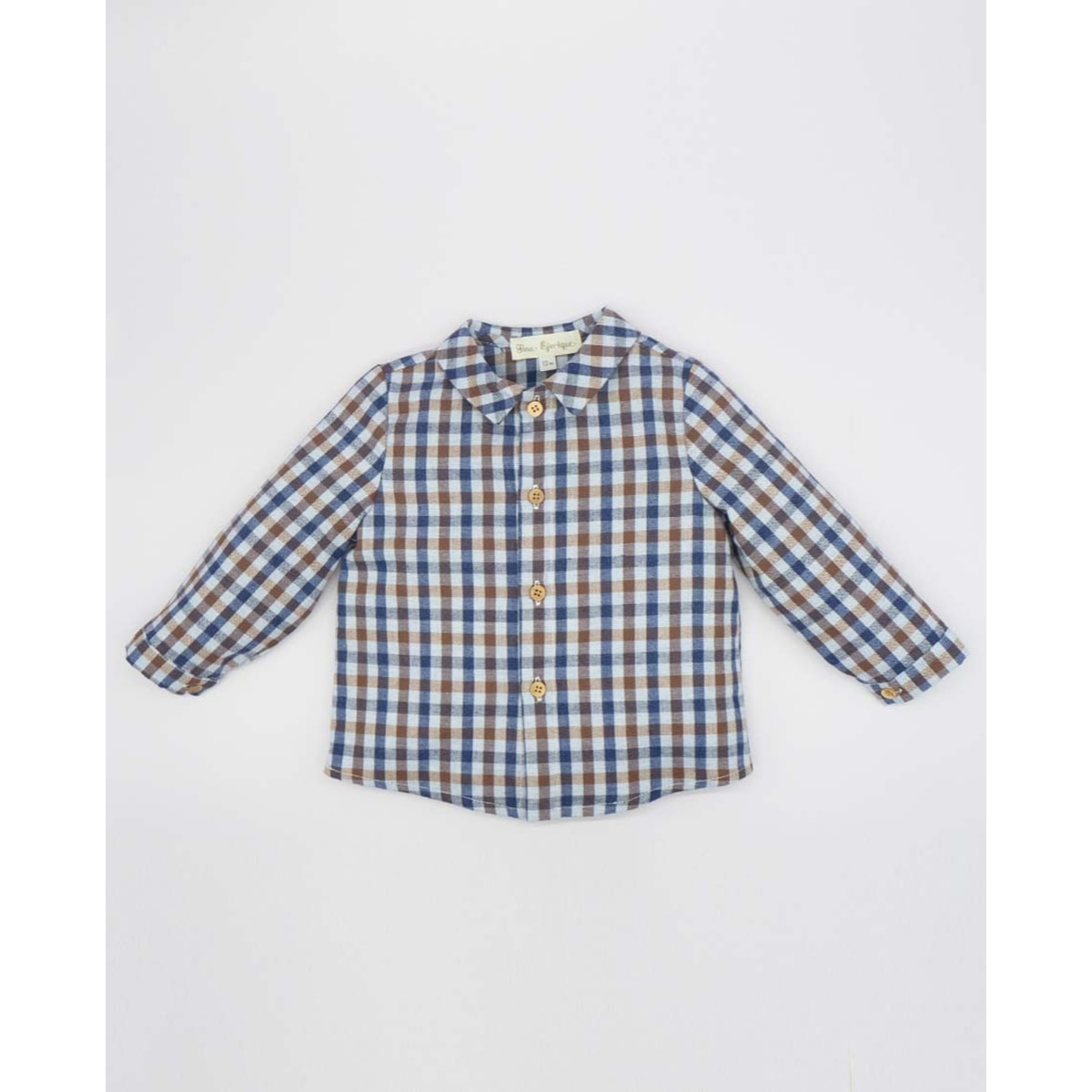 Camisa cuello camisero cuadros beige y azul