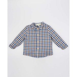 Camisa cuello camisero cuadros beige y azul