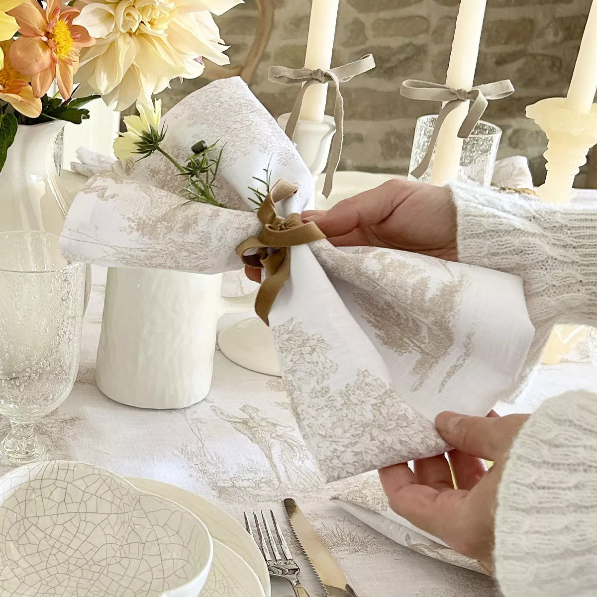 Serviette pur lin 165 g/m² imprimé beige Poesie naturel