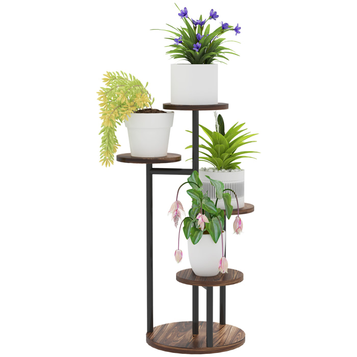 Estantería para Plantas de 5 Niveles Soporte para Plantas de Madera y Acero con 5 Estantes Redondos Soporte para Macetas para Interior y Exterior 43x43x70 cm Carbonizado