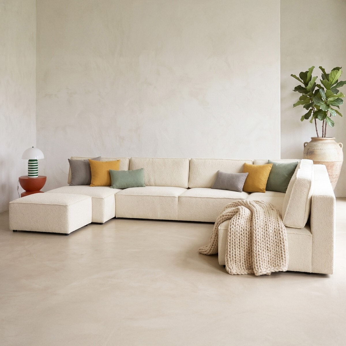 Canapé d'angle droit convertible 10+1 places en tissu bouclé - HARPER MOD