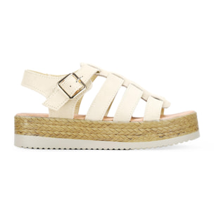 Sandalias de piel beige cangrejeras con plataforma de esparto