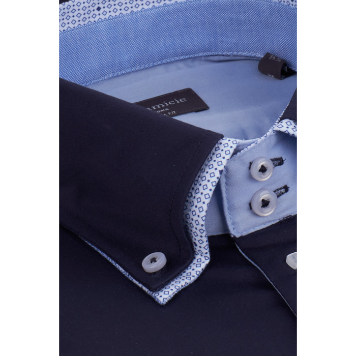 Camicia Uomo 2 Bottoni Button Down 7bottoni Doppio Coll Satin Unito Blu
