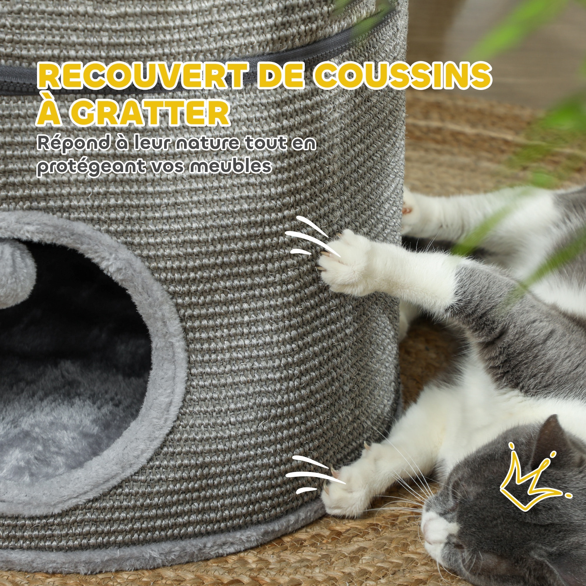 Tour pour chat modulable zippée 3 parties - tonneau griffoir chat 2 pompons - sisal naturel peluche gris