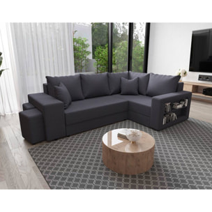 Libbie - Canapé d'angle droit 4 places convertible avec coffre, étagère et poufs en tissu - Gris foncé