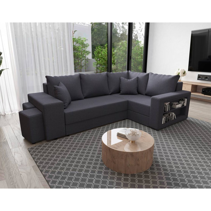 Libbie - Canapé d'angle droit 4 places convertible avec coffre, étagère et poufs en tissu - Gris foncé