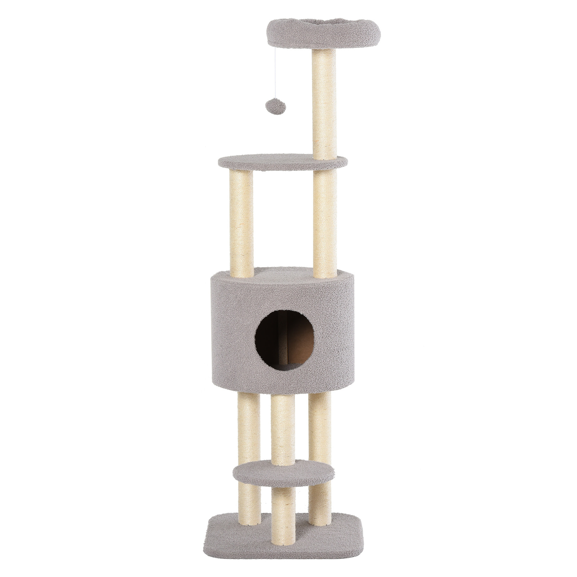 Árbol Rascador para Gatos Altura 148 cm Árbol para Gatos Torre para Gatos con Postes de Sisal 3 Plataformas Casita y Bola Colgante Gris