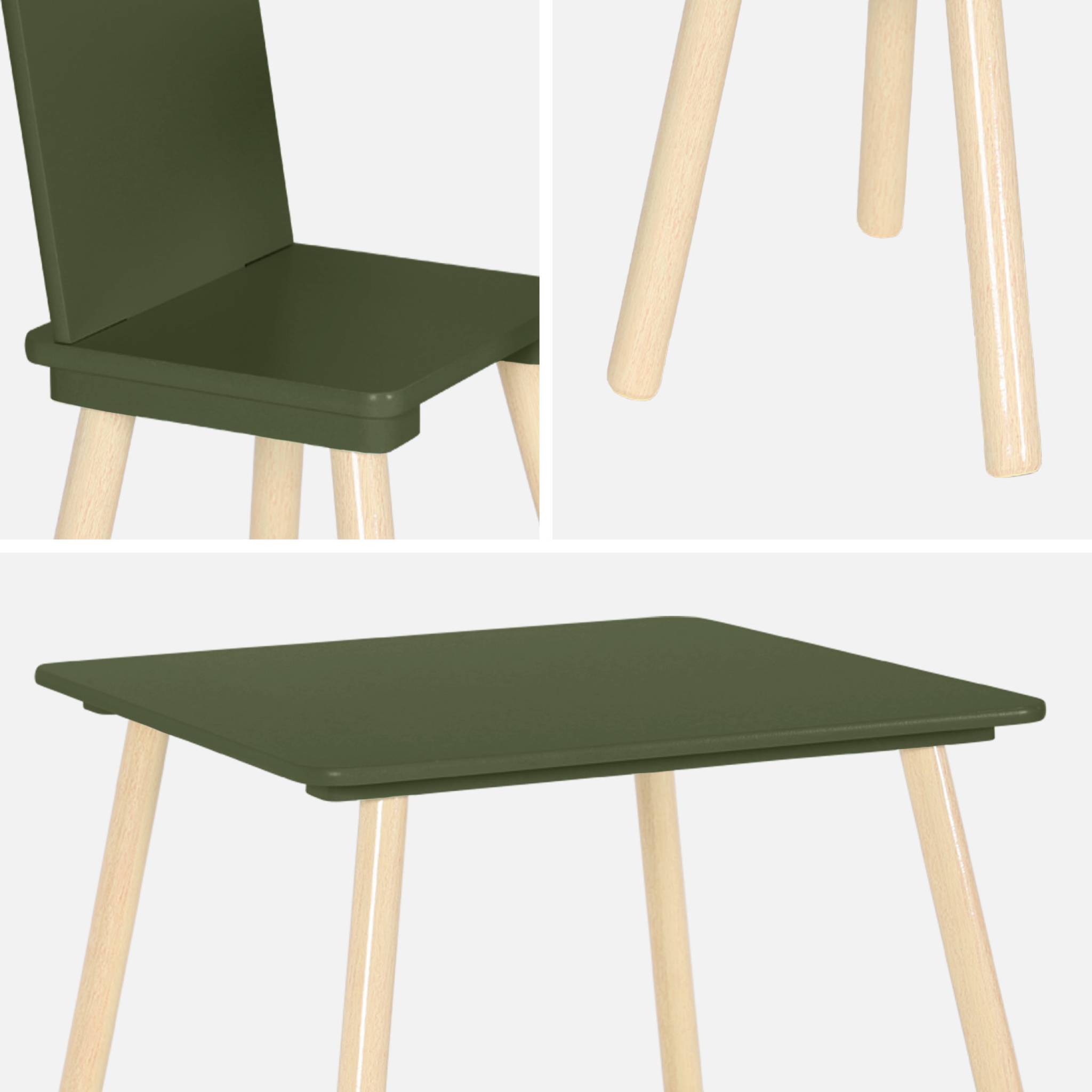 Table carrée enfant avec 2 chaises. pieds en pin. vert olive