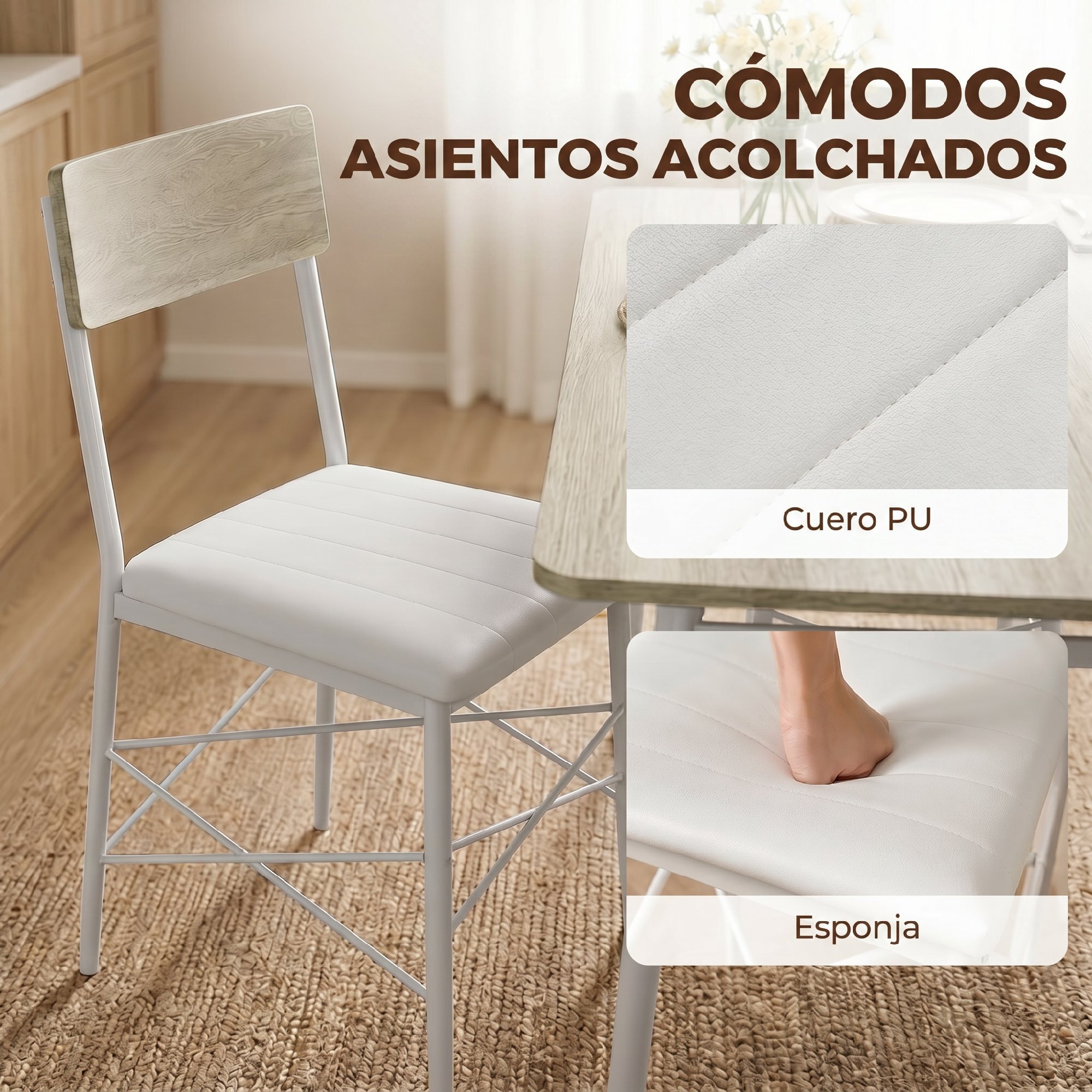 HOMCOM Juego de Mesa y Sillas de Comedor 5 Piezas, Mesa de Cocina Rectangular con 4 Sillas Acolchadas, Estilo Moderno, Marco Metálico, para Espacios Pequeños, Salón, 106x66x75 cm, Roble y Blanco