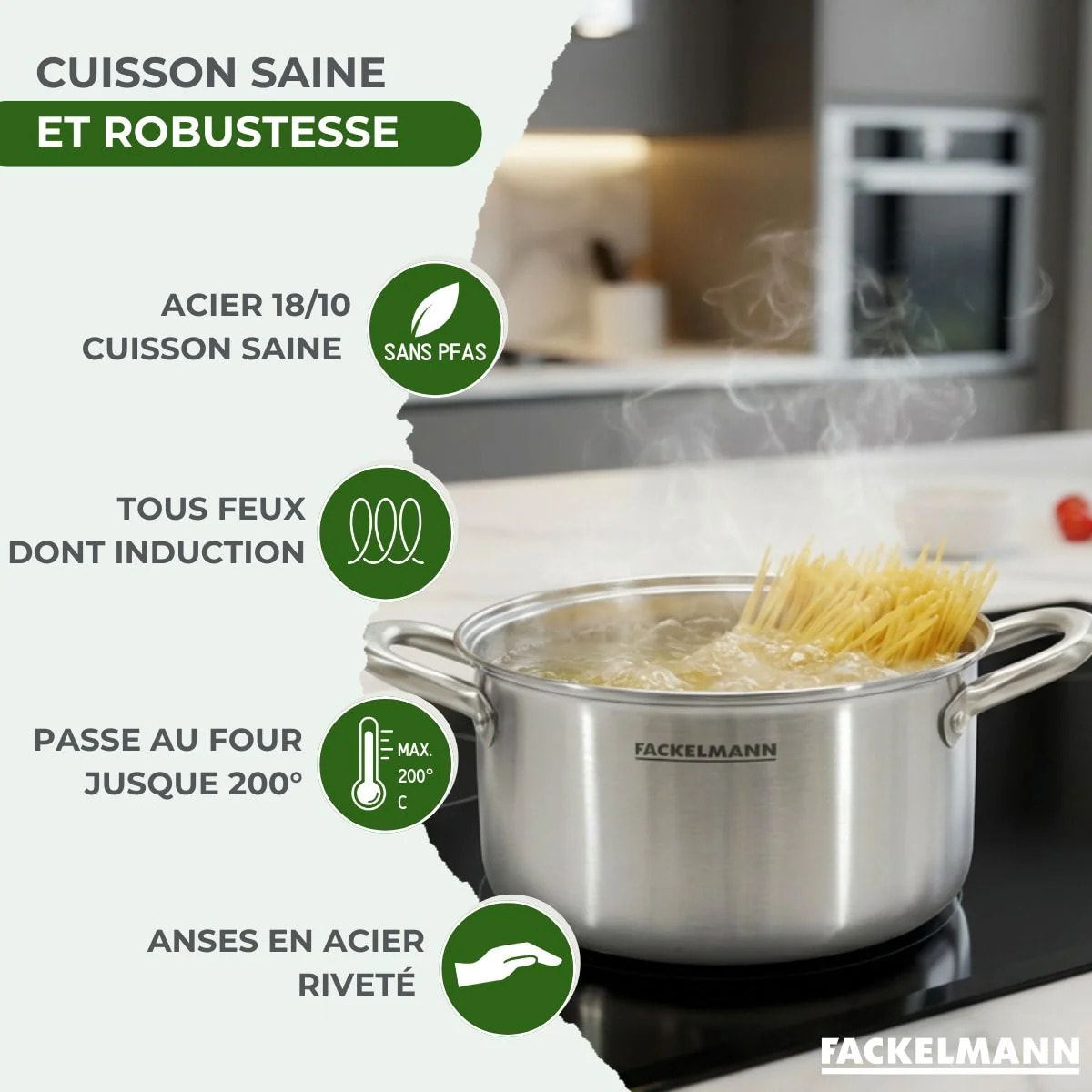 Batterie de cuisine avec 2 faitouts 20/24 cm en inox sans PFAS Fackelmann Vita3