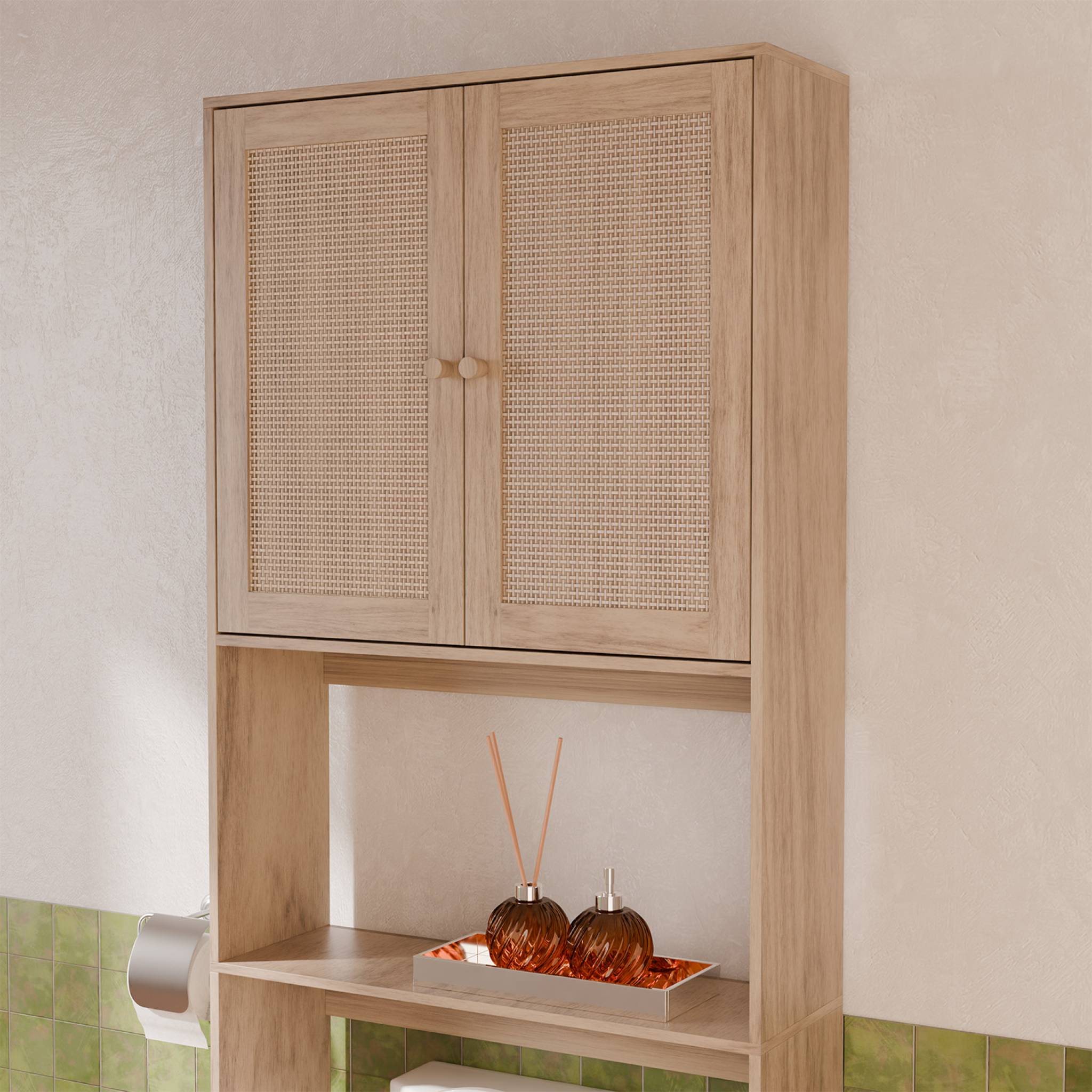 Etagère meuble WC décor bois et cannage Bohème 1 étagère 64 x 20 x 180 cm naturel