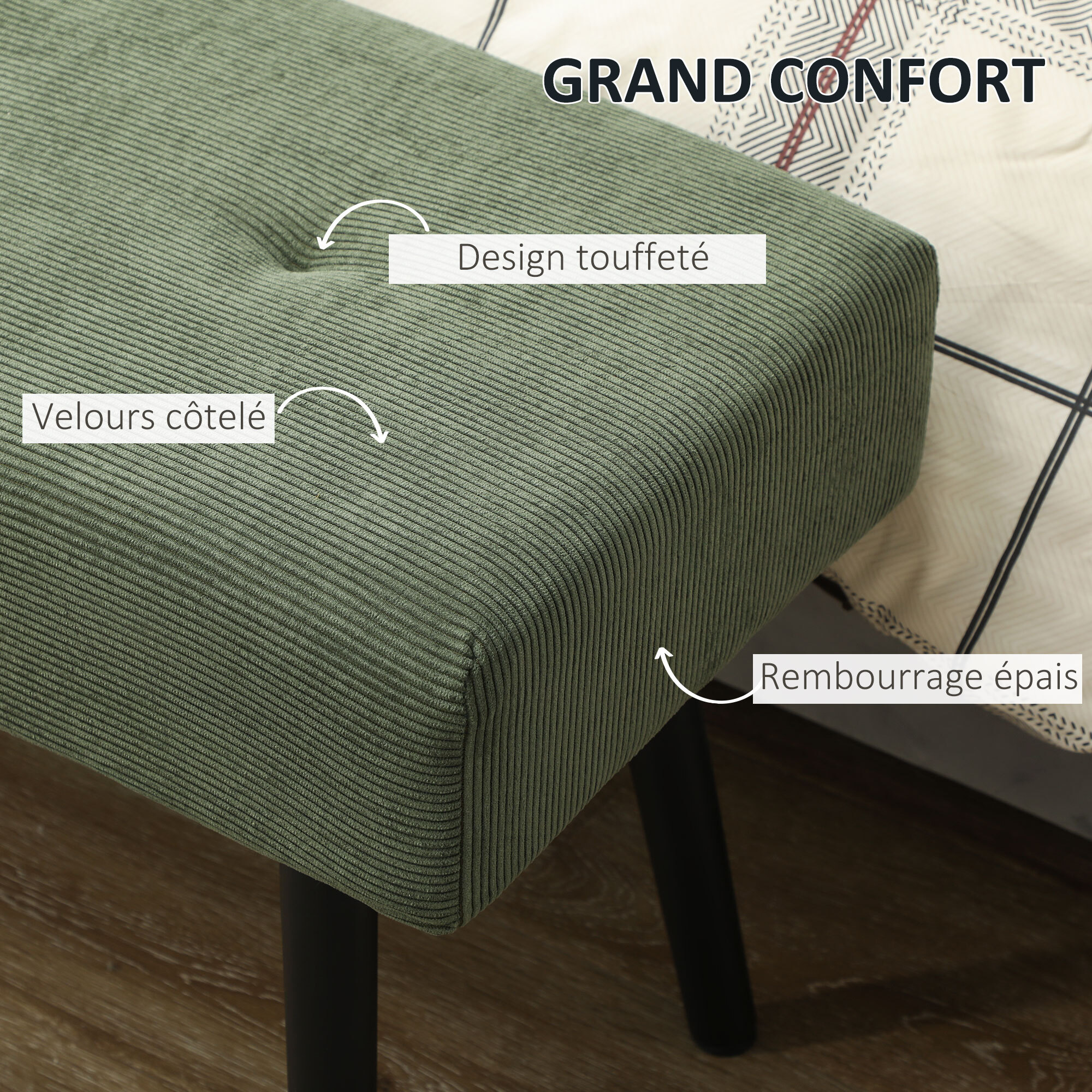 Banquette bout de lit velours côtelé design dim. 100 x 36 x 45 cm acier noir tissu vert