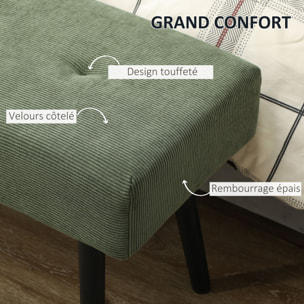 Banquette bout de lit velours côtelé design dim. 100 x 36 x 45 cm acier noir tissu vert
