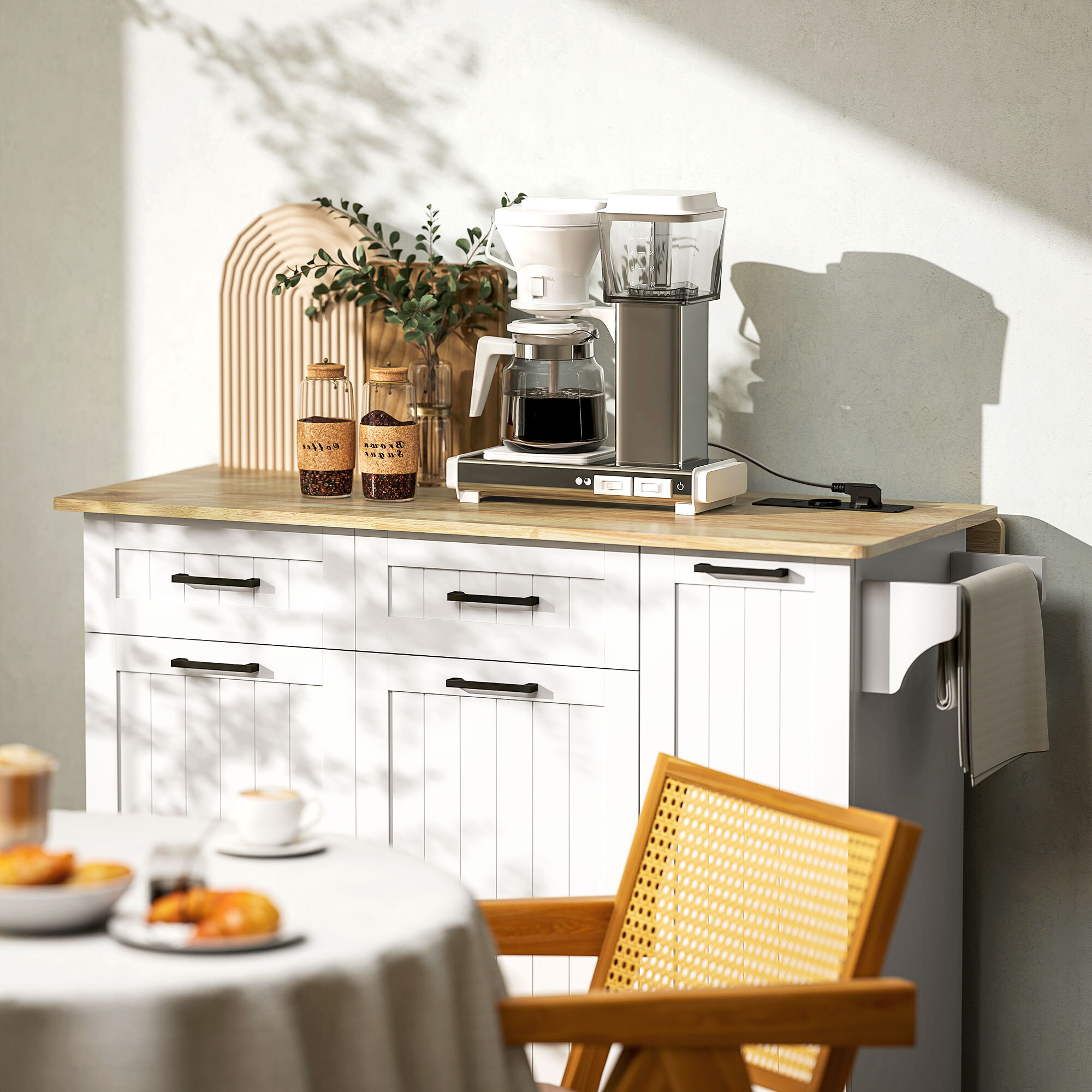 Desserte îlot central de cuisine  multi-rangement - prises secteur, ports USB - blanc effet bois clair