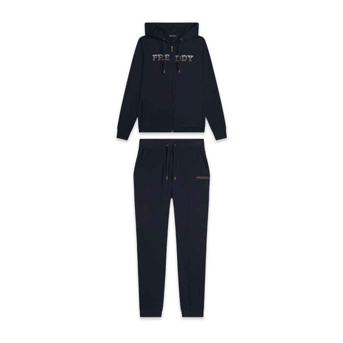 Tuta donna con zip, cappuccio e logo con perline dorate